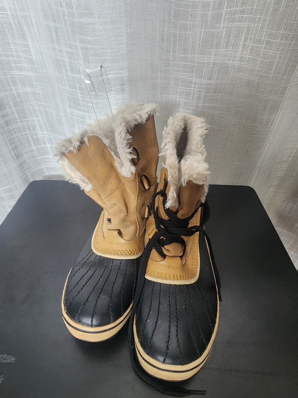 Sorel Lace-Up Winter Boots in Black and Brown with Faux Fur Trim